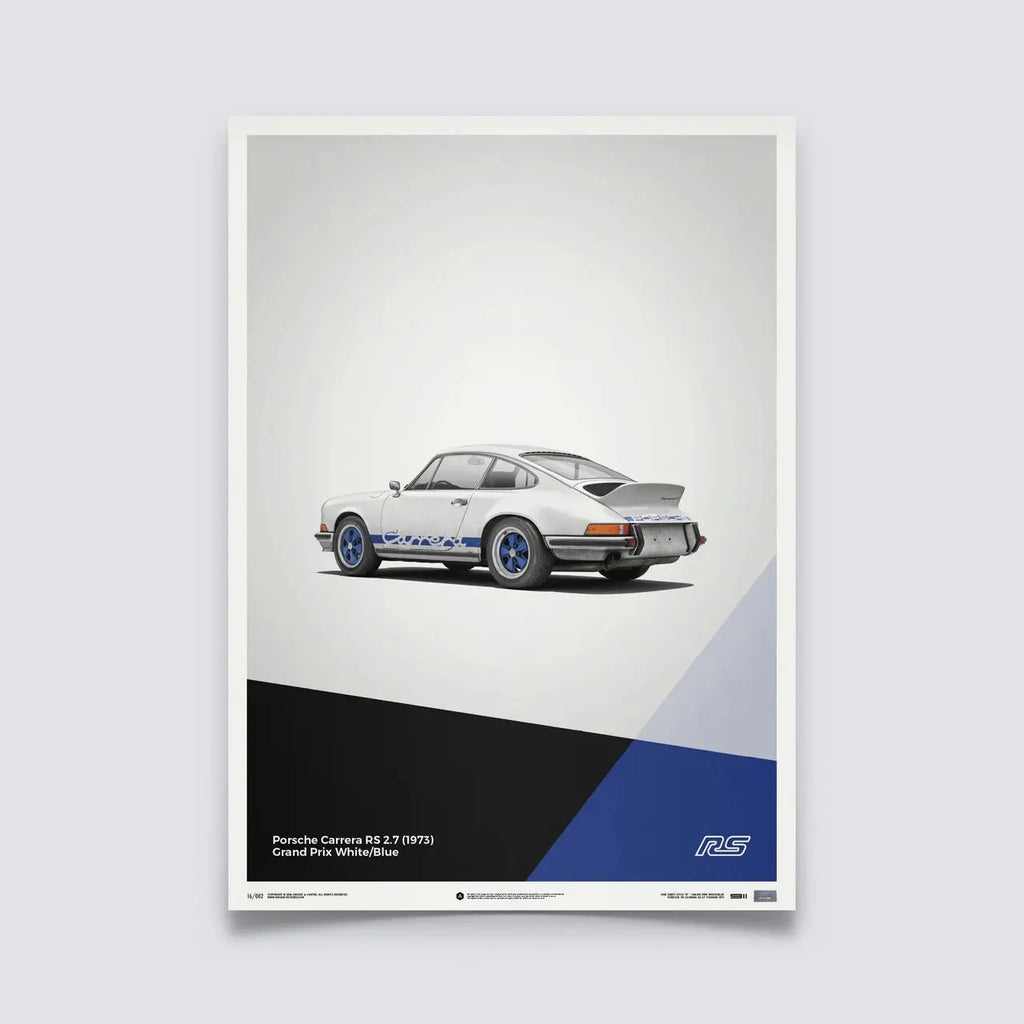 Poster Automobilist blanc et bleu de la Porsche 911 RS Blanche de 3/4 arrière, modélisée en 3D