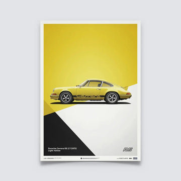 Poster Automobilist jaune avec au centre la Porsche 911 RS Jaune de profil modélisée en 3D en édition limitée