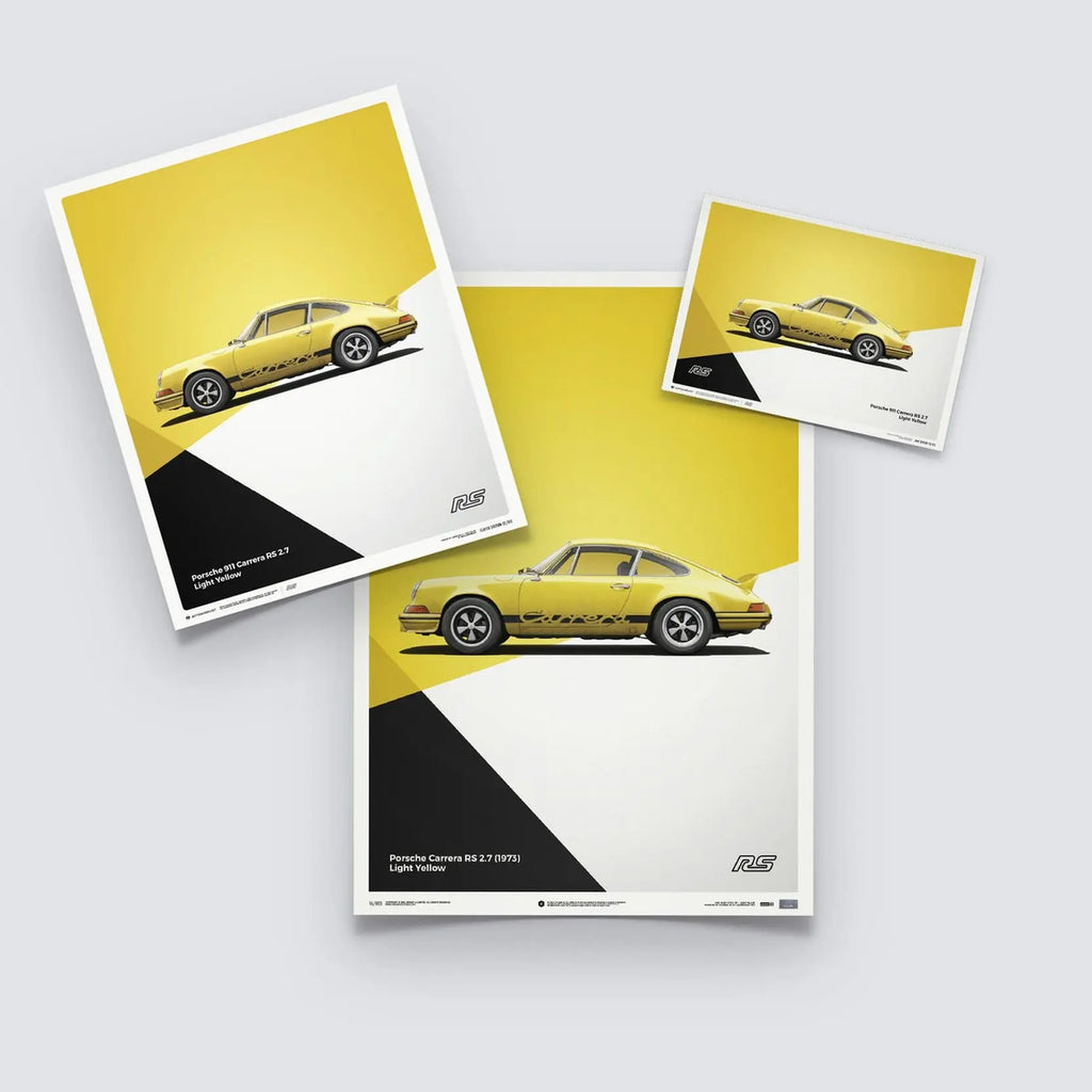 Poster Automobilist jaune avec au centre la Porsche 911 RS Jaune de profil modélisée en 3D en édition limitée