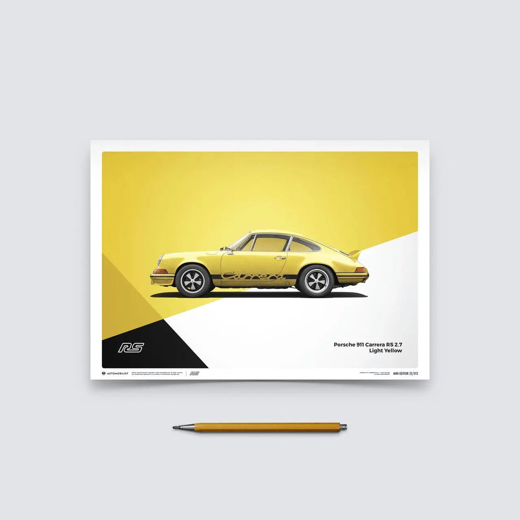 Poster Automobilist jaune avec au centre la Porsche 911 RS Jaune de profil modélisée en 3D en édition limitée