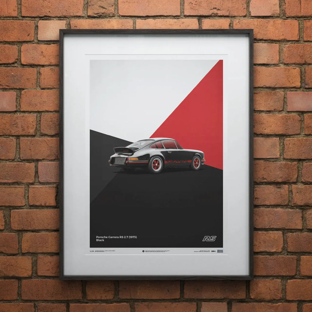 Poster Automobilist noir et rouge avec au centre la Porsche 911 RS noire modélisée en 3D en édition limitée encadré