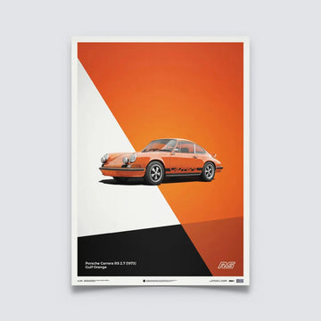 Poster Automobilist noir et orange avec au centre la Porsche 911 RS orange de 3/4 modélisée en 3D en édition limitée