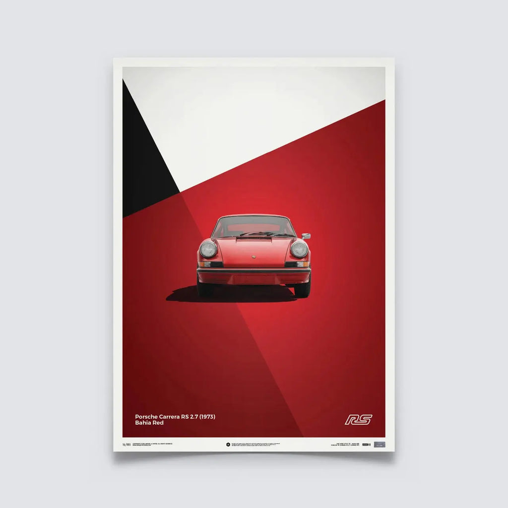   Poster Automobilist rouge avec au centre la Porsche 911 RS rouge de face modélisée en 3D en édition limitée