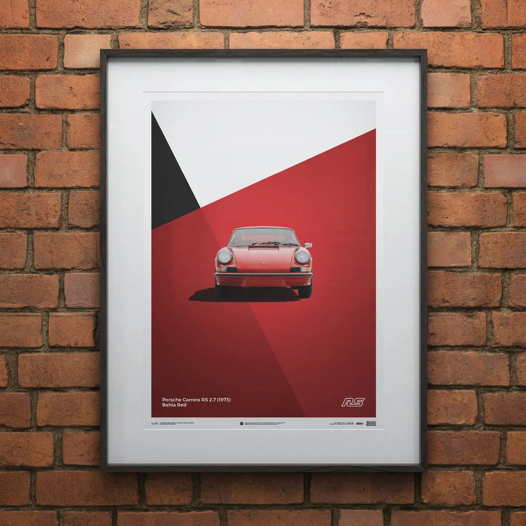 Affiche Automobilist rouge avec au centre la Porsche 911 RS rouge de face modélisée en 3D en édition limitée dans un cadre