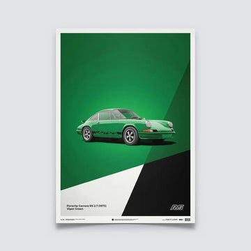 Poster Automobilist vert avec au centre la Porsche 911 RS verte de 3/4 avant modélisée en 3D en édition limitée