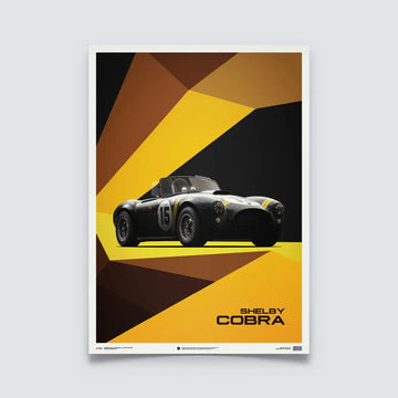 Poster Automobilist jaune et noir mettent en valeur la Shelby-Ford AC Cobra MK II Noire de 1962 modélisée en 3D, en édition limitée