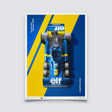 Poster Automobilist jaune et bleu montrant la F1 Tyrrell P34 de Jody Scheckter au Grand Prix de Suède 1976 vue de haut et modélisée en 3D- Edition limitée 