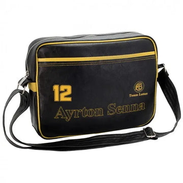 Sac Bandoulière Ayrton Senna noir avec le nom du pilote brodé en jaune devant ainsi que Team Lotus et le 12 en jaune