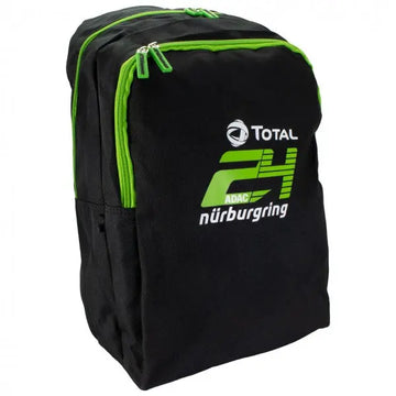 Sac à dos 24h Nürburgring noir avec 2 poches zippées à fermeture verte et gros logo 24 vert devant de 3/4