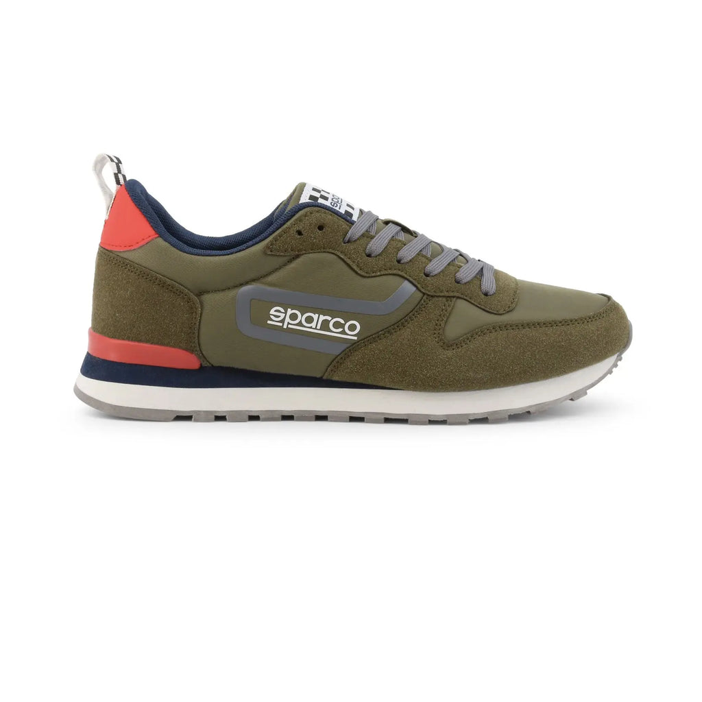 Sneakers Sparco Flag vert kaki avec touche de orange à l'arrière style streetwear au look vintage, vue de profil droit