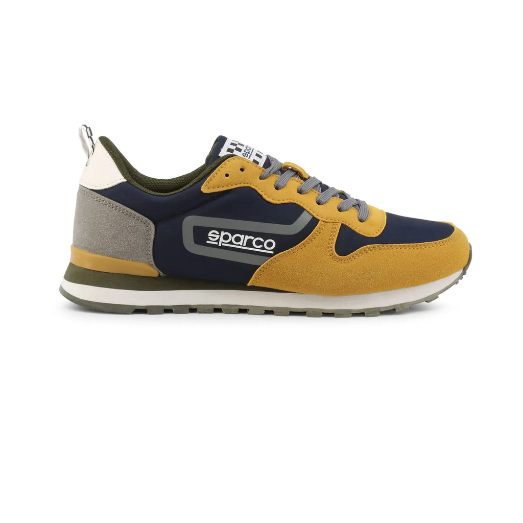 Sneakers Sparco Flag jaune bleu et gris style streetwear au look vintage, vue de profil droit