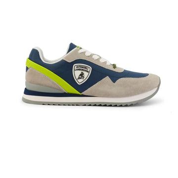 Sneakers Automobili Lamborghini bleu, partie en nubuck gris, logo de la marque en relief sur le côté et bande de renfort au talon jaune, vue de profil droit