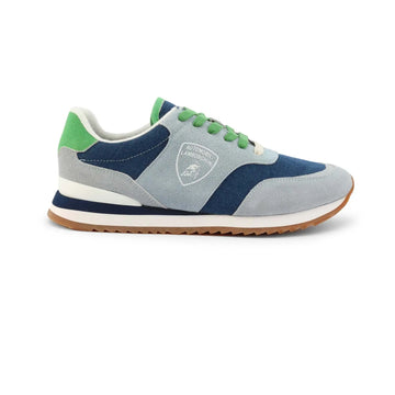 Sneakers Automobili Lamborghini bleu, partie en daim gris, logo de la marque imprimé sur le côté et touche de vert à l'arrière, vue de profil droit
