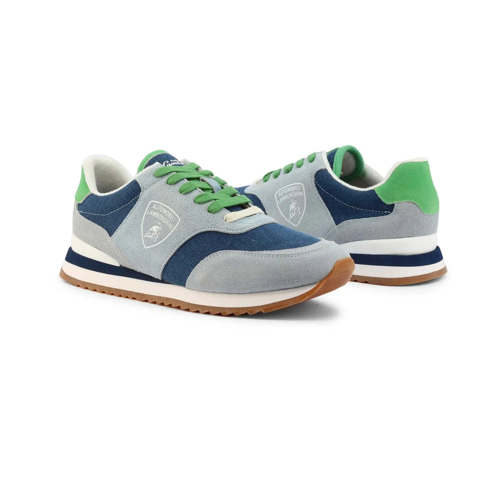 Paire de Sneakers Automobili Lamborghini bleu, partie en daim gris, logo de la marque imprimé sur le côté et touche de vert à l'arrière