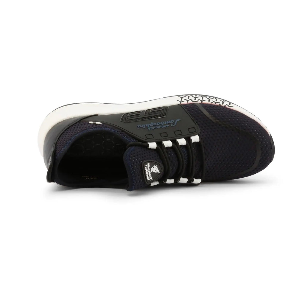 Sneakers Automobili Lamborghini SE1 bleu légères 63 et marque sur les renforts latéraux noirs, semelle blanches avec des Y noirs devant, vue dedessus