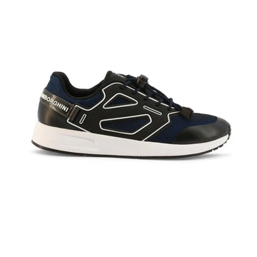 Sneakers Automobili Lamborghini SE2 bleu laçage rapide, renforts latéraux noirs, marque en blanc sur bande de maintient au talon semelle blanches, vue de profil droit