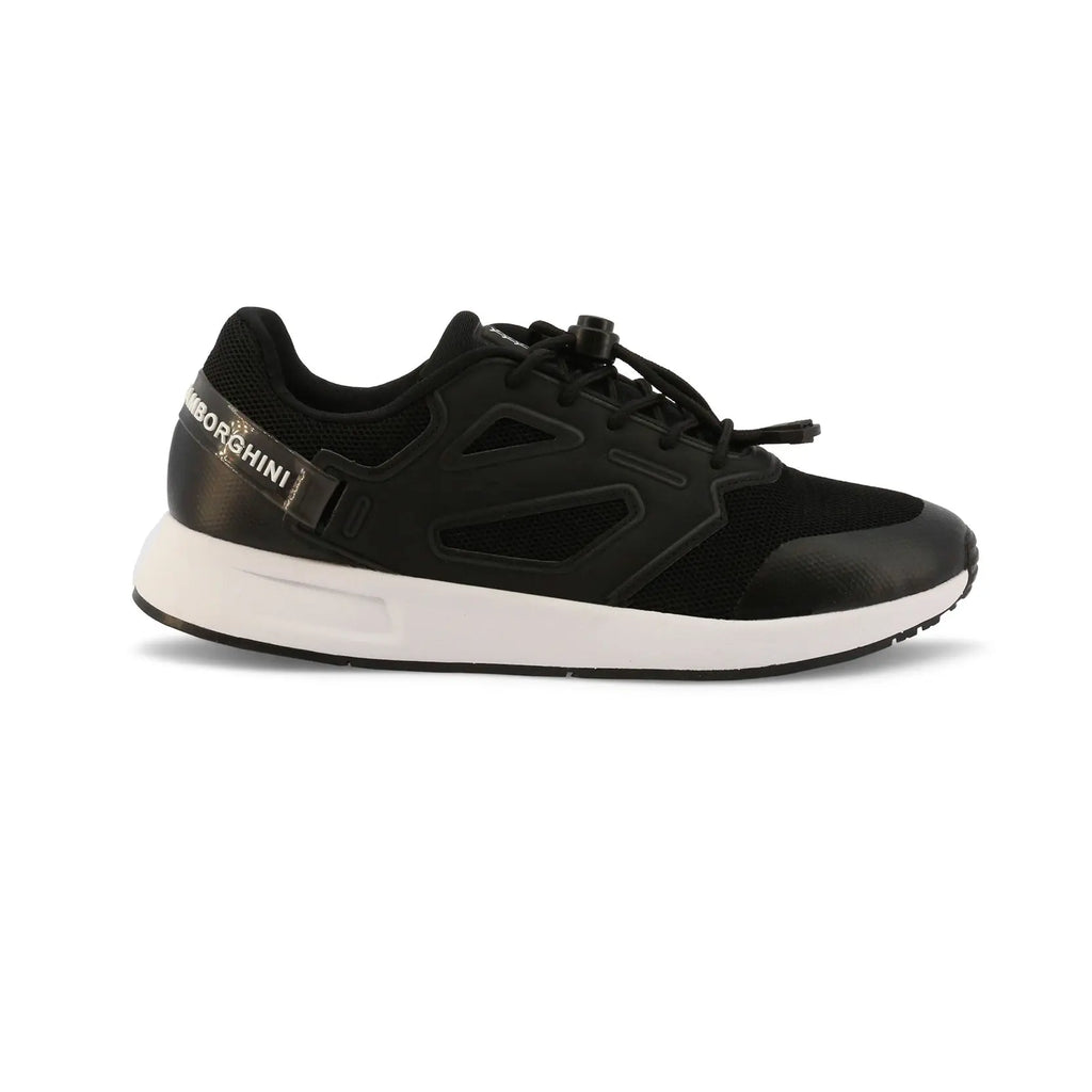 Sneakers Automobili Lamborghini SE2 noir laçage rapide, renforts latéraux noirs, marque en blanc sur bande de maintient au talon semelle blanches, vue de profil droit