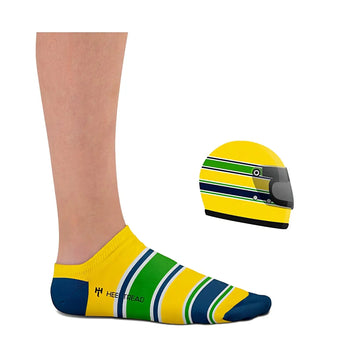 Socquette jaune Heel Tread portée, aux couleurs du casque d'Ayrton Senna