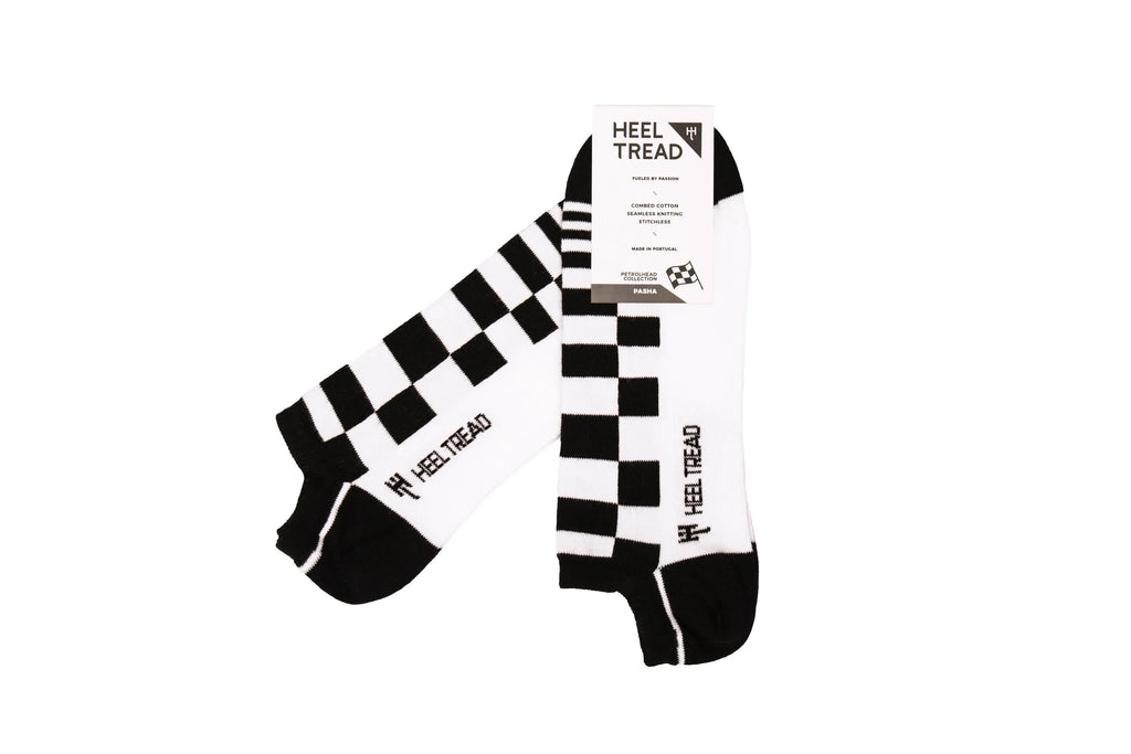 Paire de chaussettes noires et blanches Heel Tread au motif drapeau à damiers du tissu Porsche Pasha