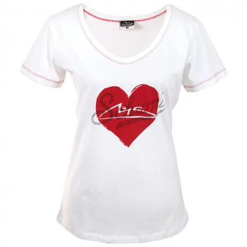 T-shirt blanc femme Michael Schumacher avec imprimé coeur rouge devans sur lequel est écrit Schumi en strass